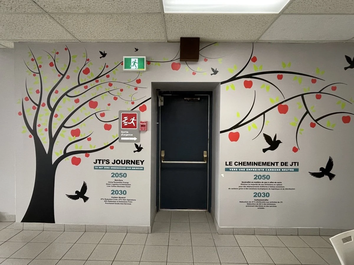 JTI-Macdonald bilingual sustainability wall decals at the Montreal head office