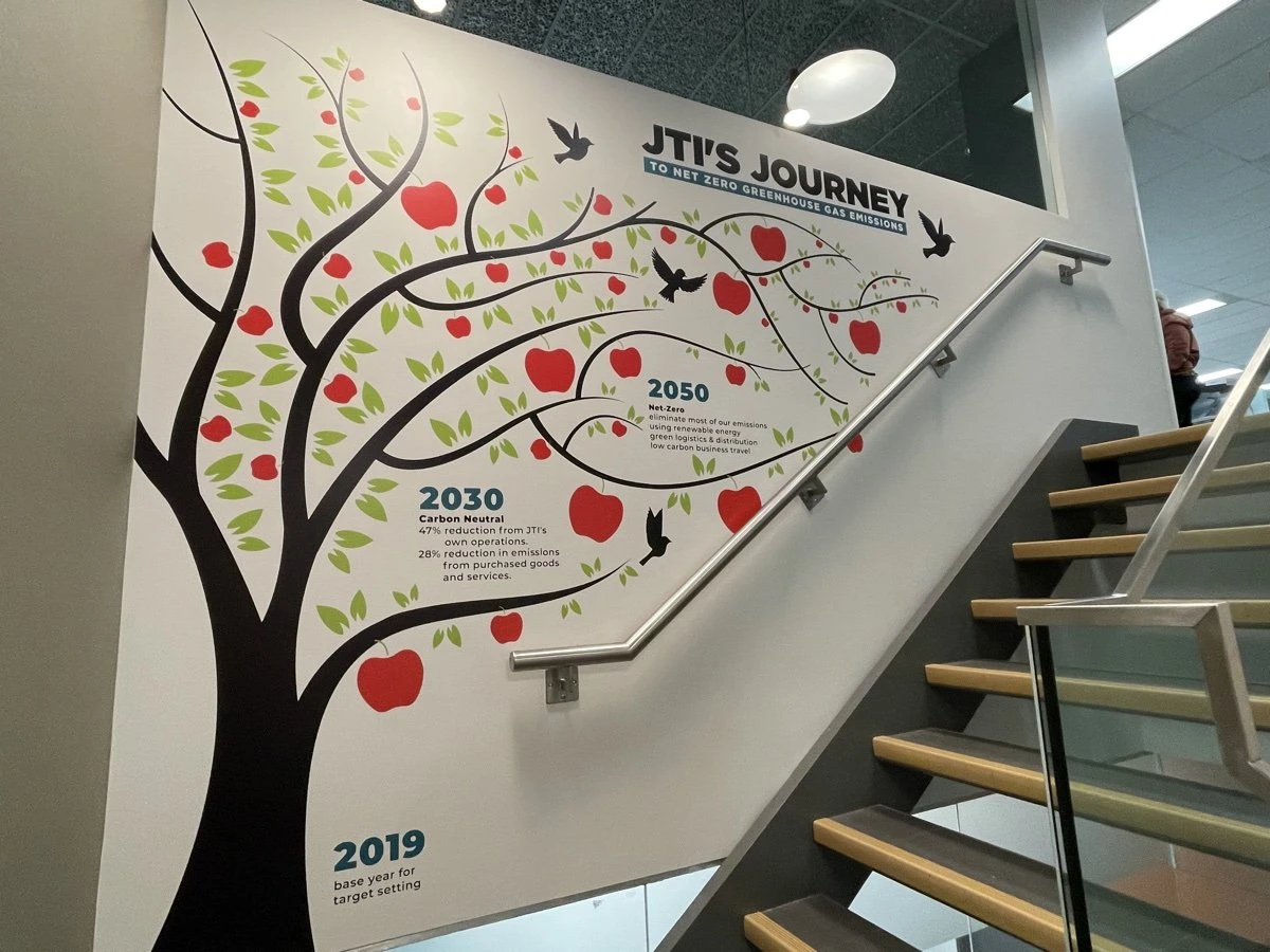 JTI-Macdonald bilingual sustainability wall decals at the Toronto head office